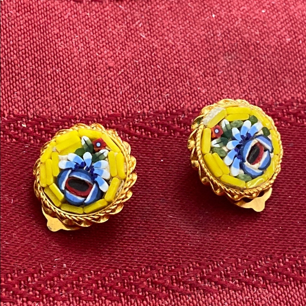 Vintage Italian Micro Mosaic Glass Floral Clip On Earrings